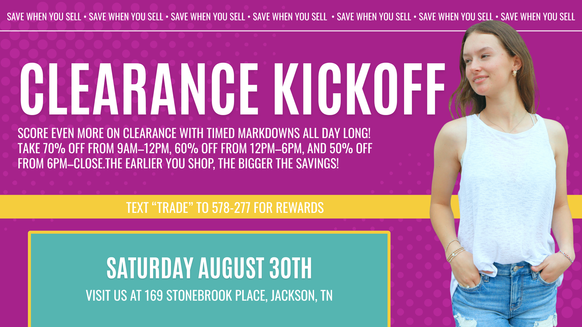 Image shows a vibrant in-store sale scene at Plato’s Closet Jackson, TN with bold “Clearance Kickoff” signage. Shoppers browse packed racks of trendy clothes including jeans, hoodies, skirts, and tees. Text overlay highlights up to 70% off timed markdowns on August 30 at 169 Stonebrook Place.